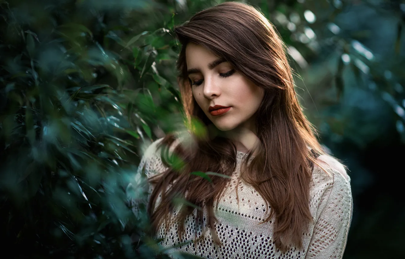 Photo wallpaper leaves, girl, branches, brown hair