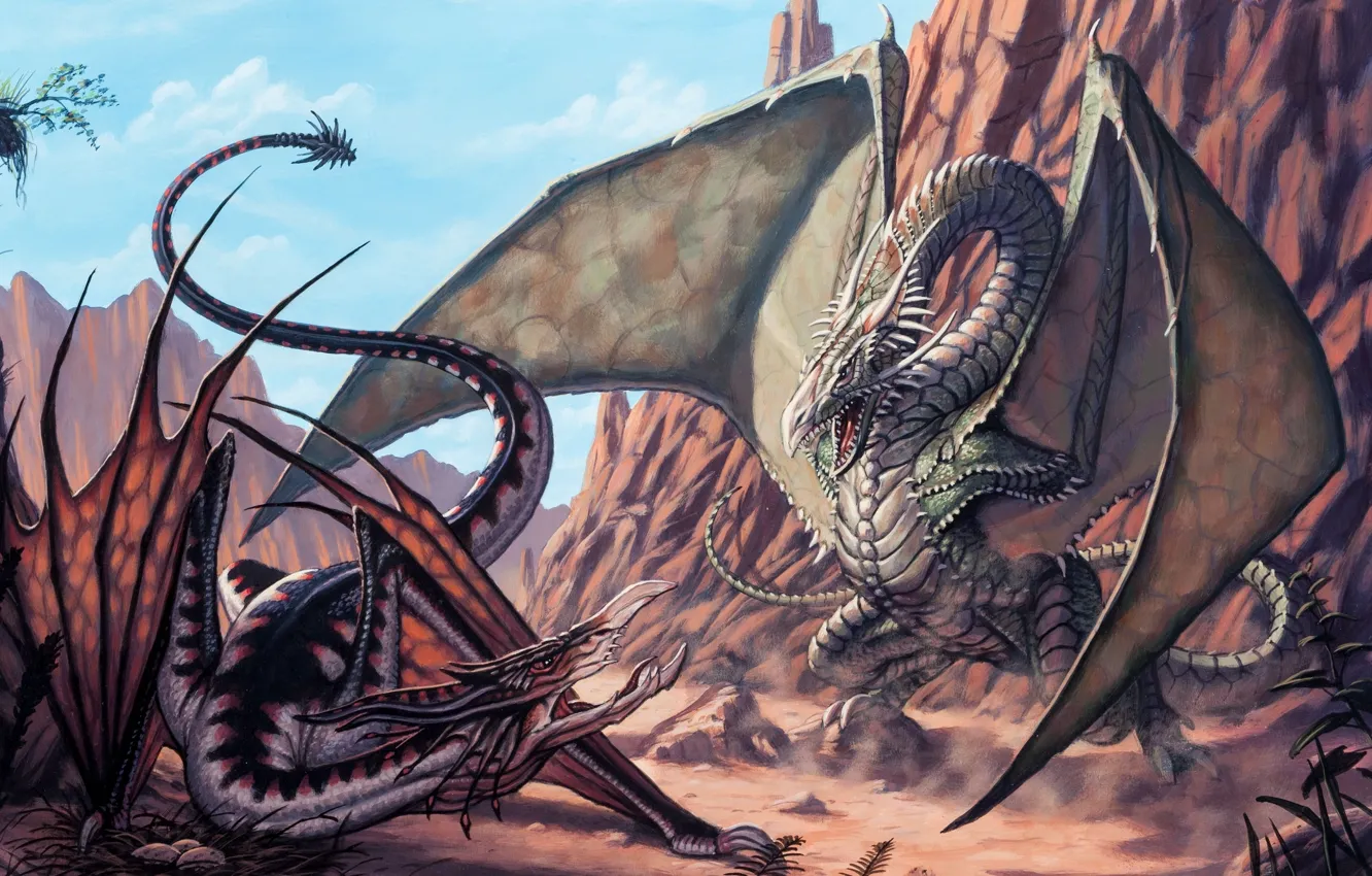 Photo wallpaper rocks, dragon, wings, battle