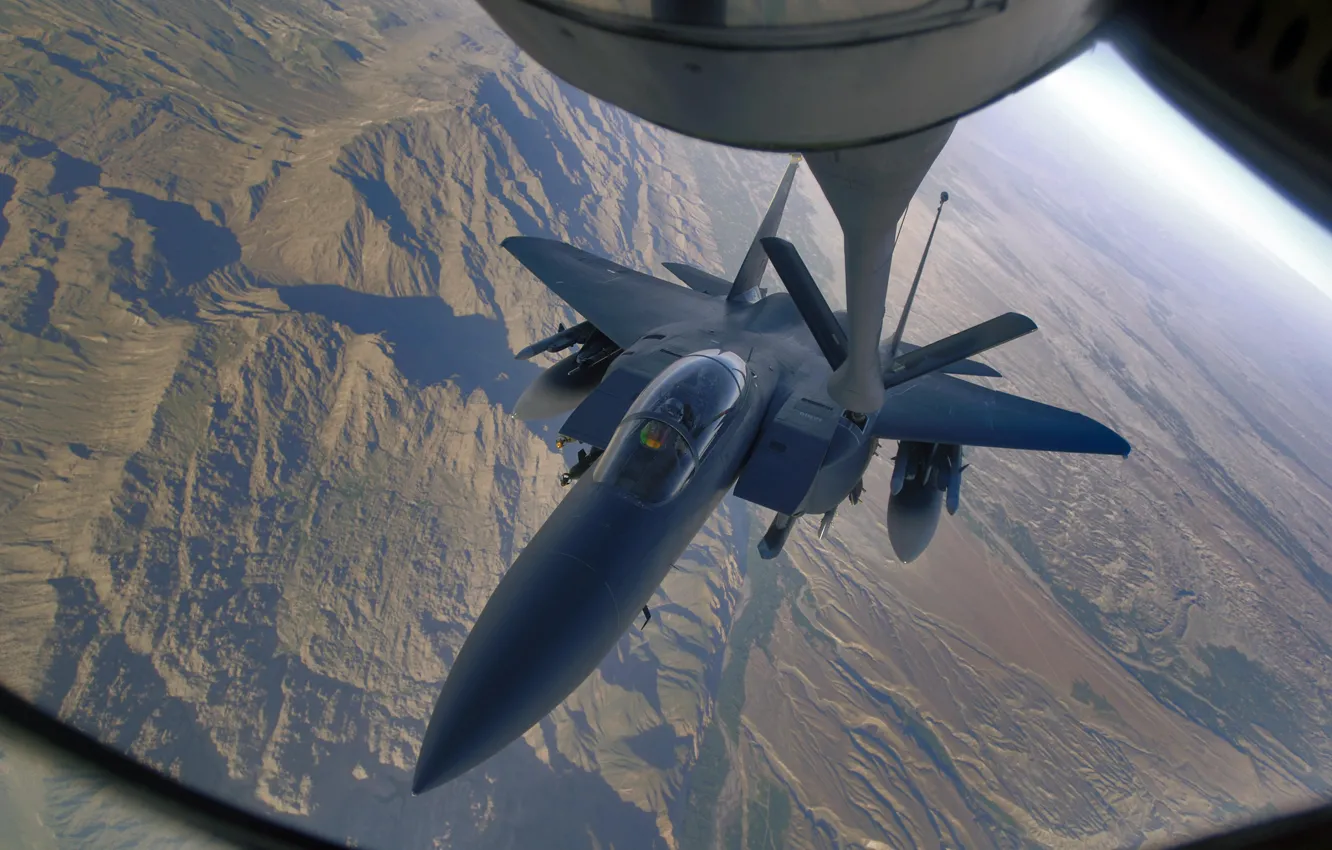 Photo wallpaper flight, mountains, the area, F-15E Strike Eagle, Afghanistan, air refueling