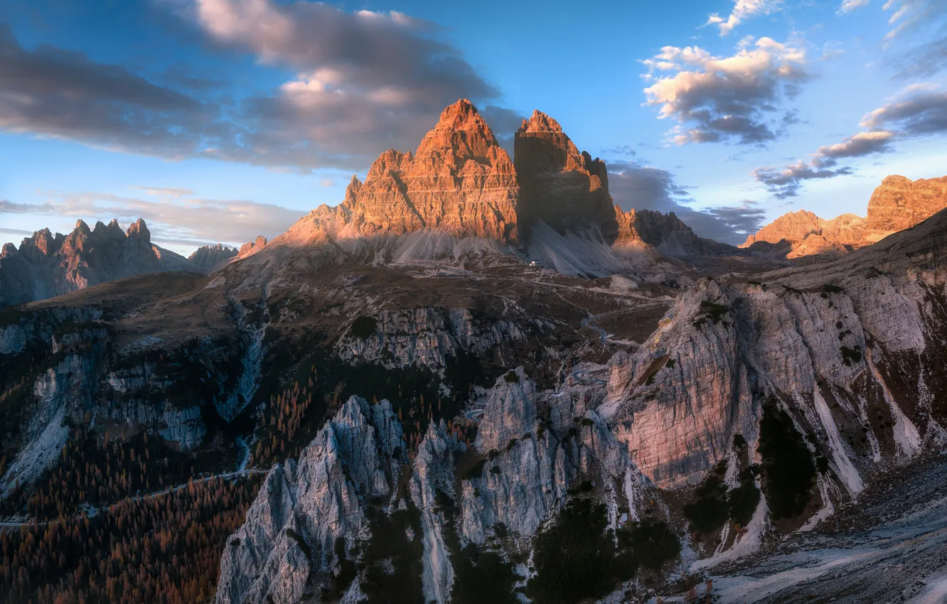 Photo wallpaper the sky, clouds, mountains, rocks, tops, height