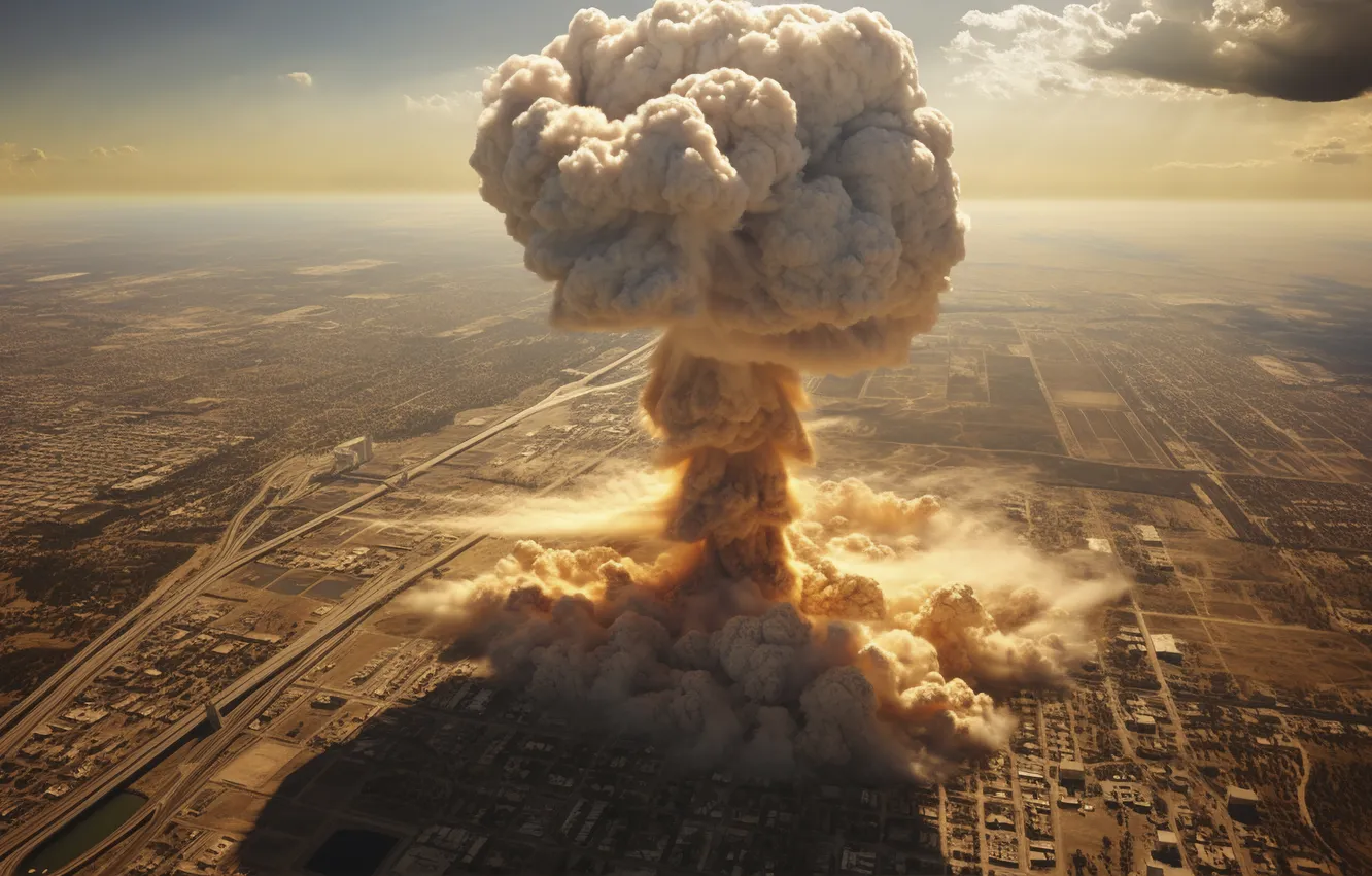 Photo wallpaper the explosion, the city, mushrooms, destruction, a nuclear explosion, digital art, nuclear weapons, AI art