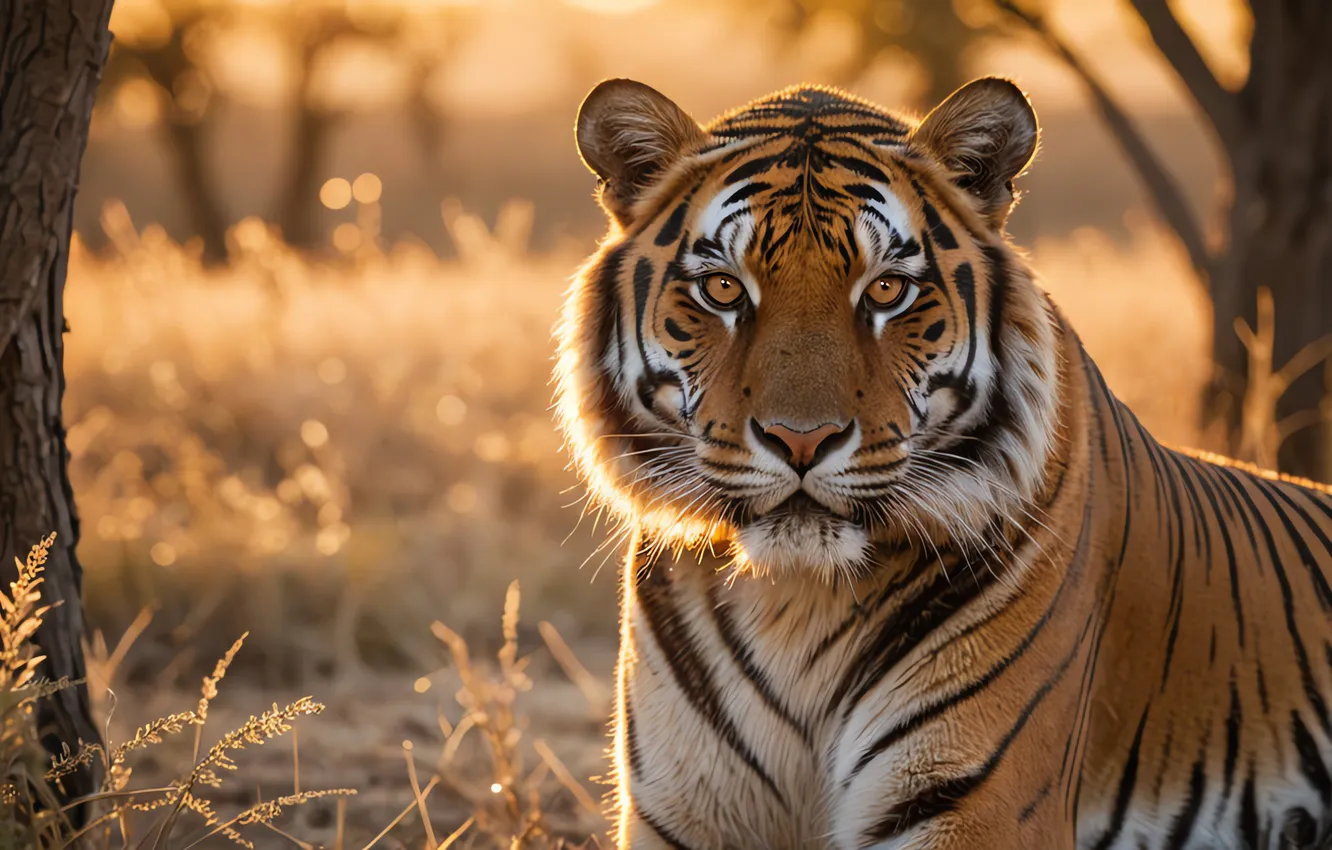 Photo wallpaper look, face, light, trees, nature, tiger, glade, portrait