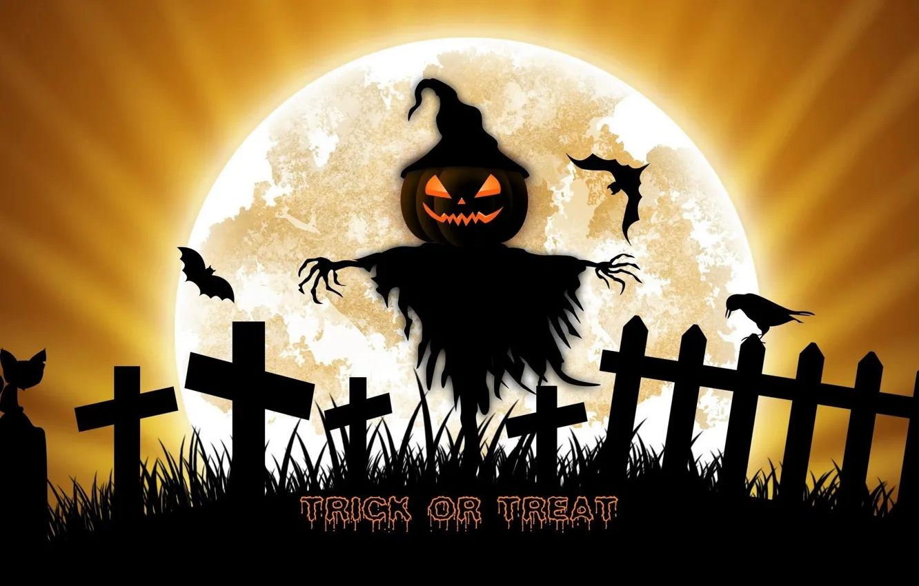 Photo wallpaper night, holiday, the moon, pumpkin, Halloween, Scarecrow