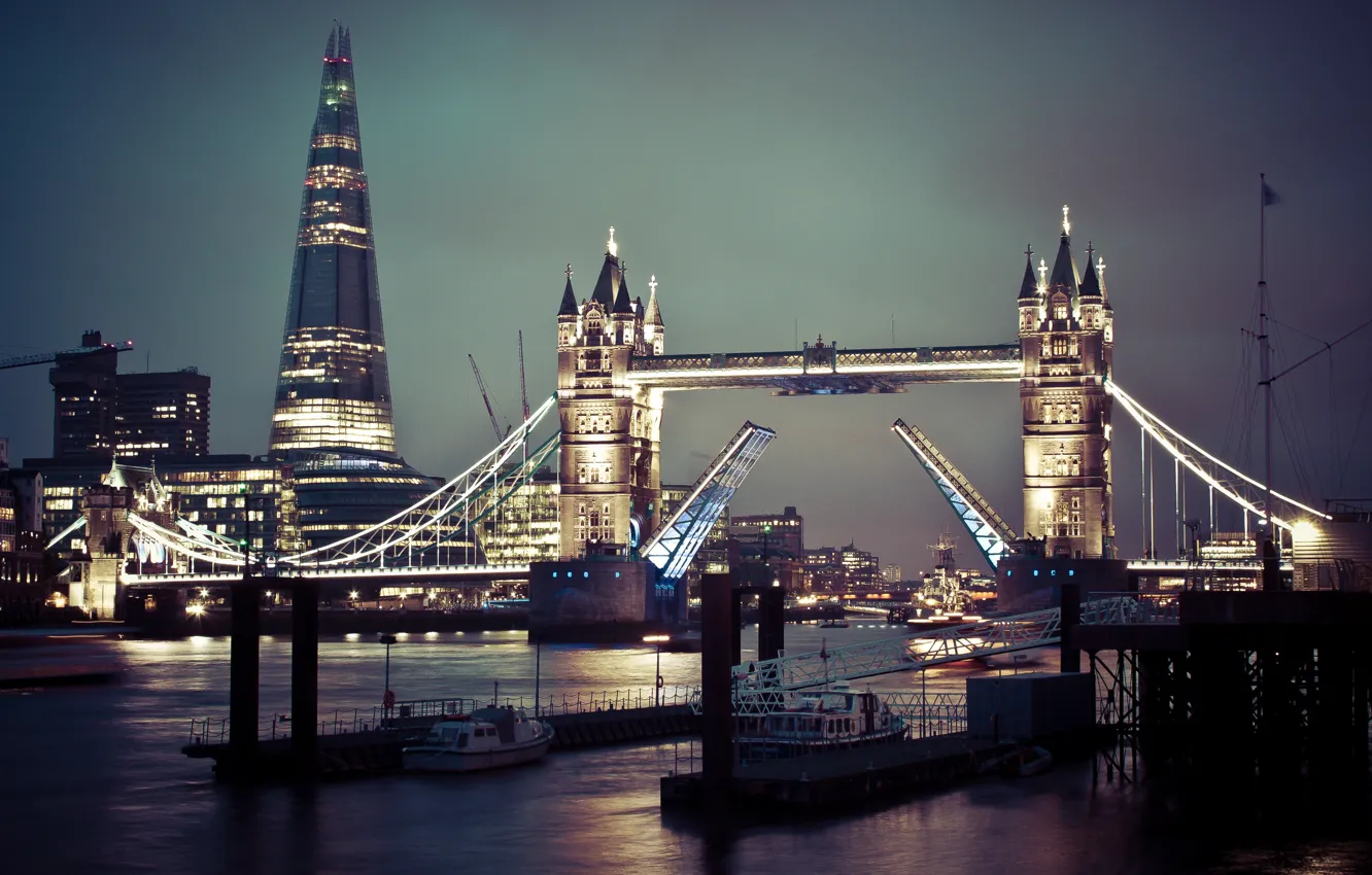 Photo wallpaper night, lights, England, London, Tower bridge