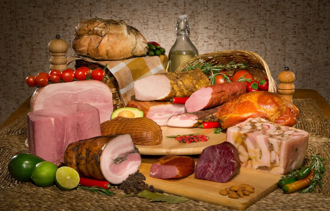 Photo wallpaper meat, lime, nuts, vegetables, spices, cuts