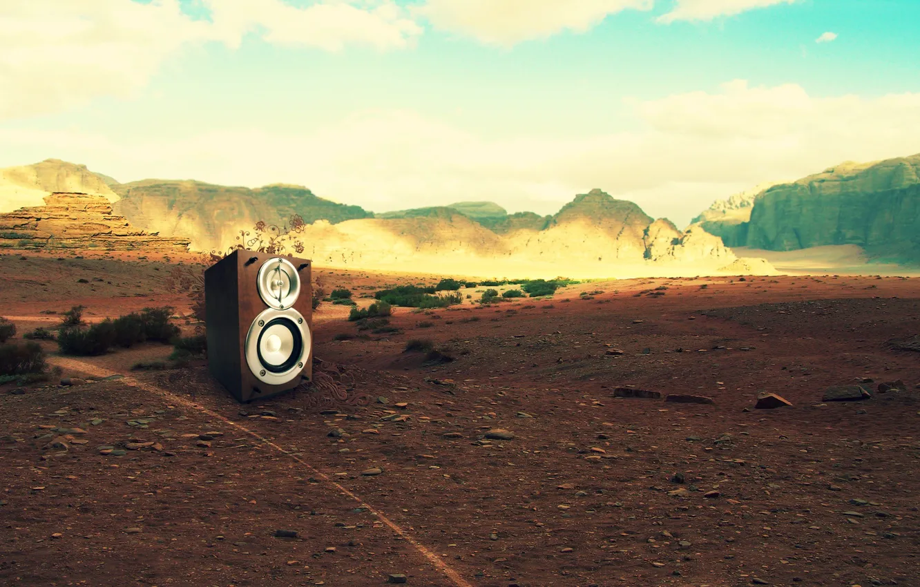 Photo wallpaper mountains, music, stones, creative, landscape, manpower