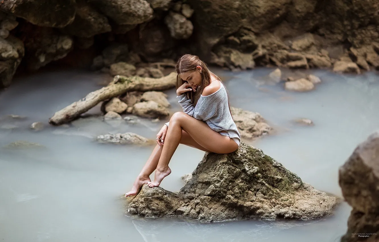 Photo wallpaper water, reverie, pose, beautiful girl, water, pose, thoughtfulness, slim figure