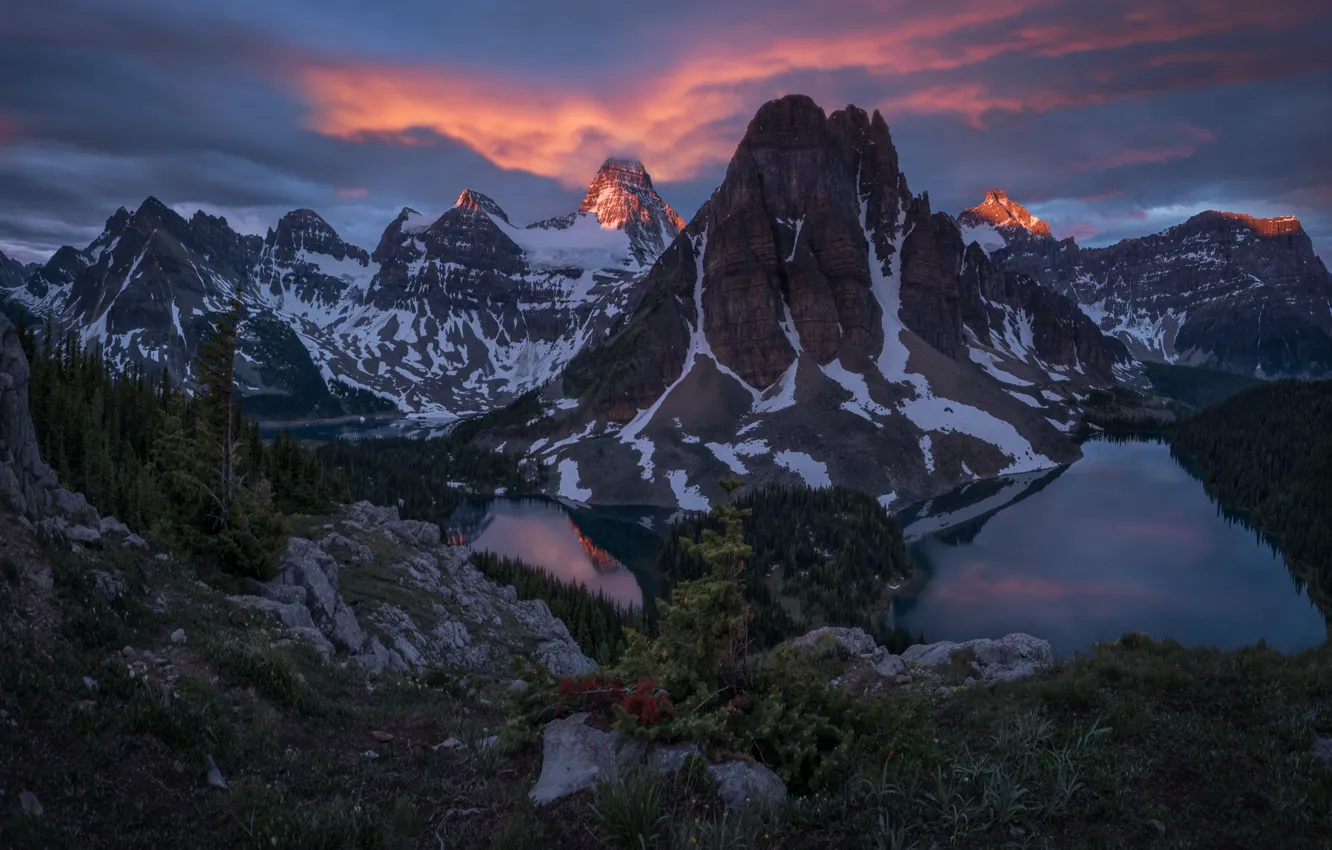 Photo wallpaper the sky, trees, mountains, clouds, nature, lake, overcast, rocks