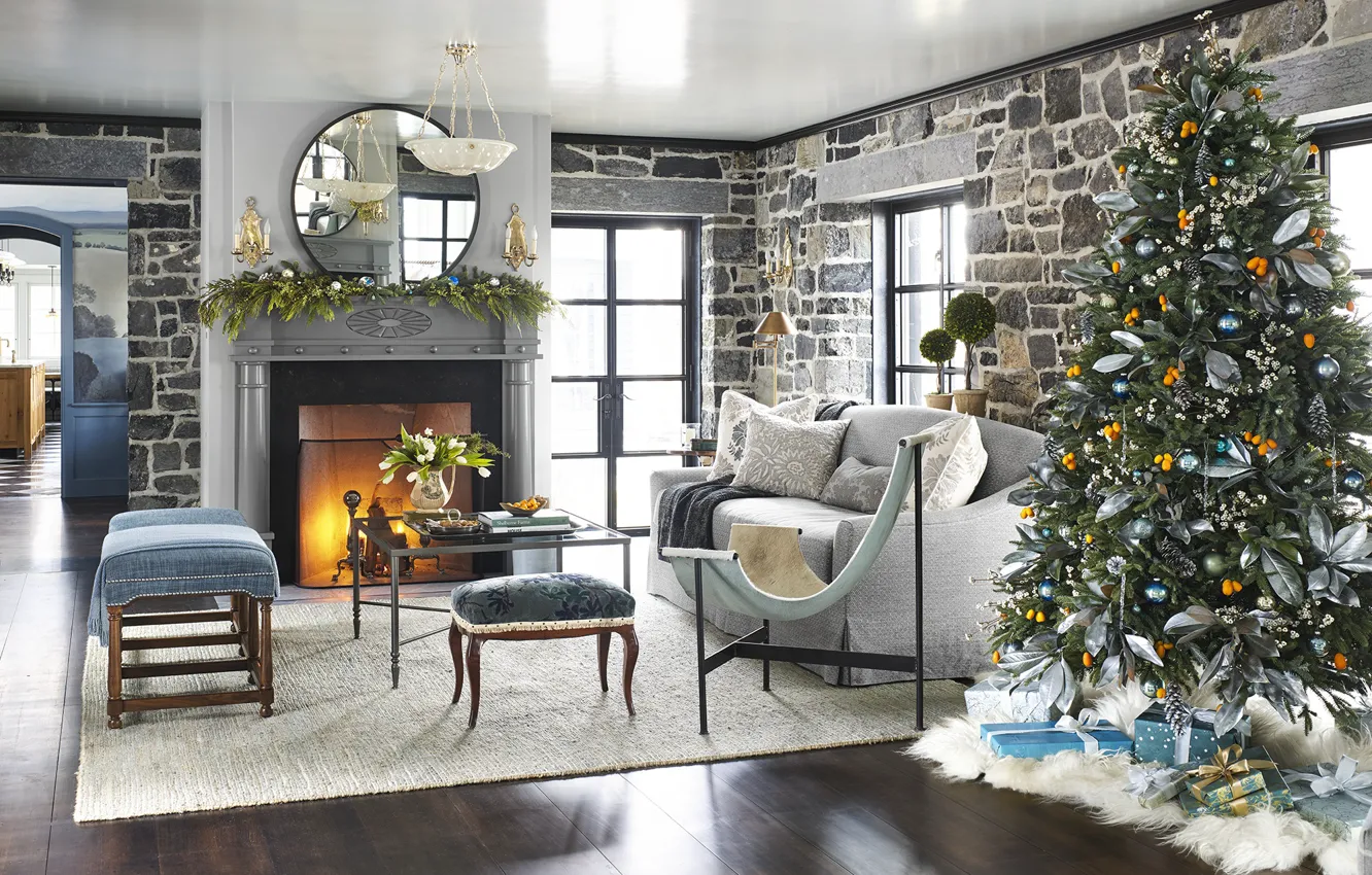 Photo wallpaper decoration, comfort, heat, tree, New Year, Christmas, gifts, fireplace