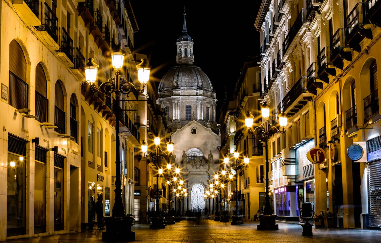 Photo wallpaper night, lights, street, home, lights, Cathedral, Spain, Zaragoza
