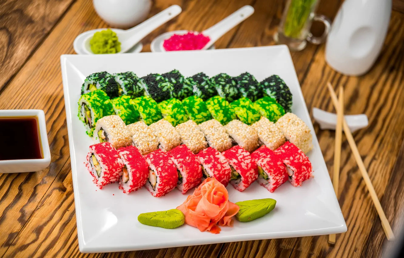 Photo wallpaper design, table, plate, bokeh, sushi, seafood