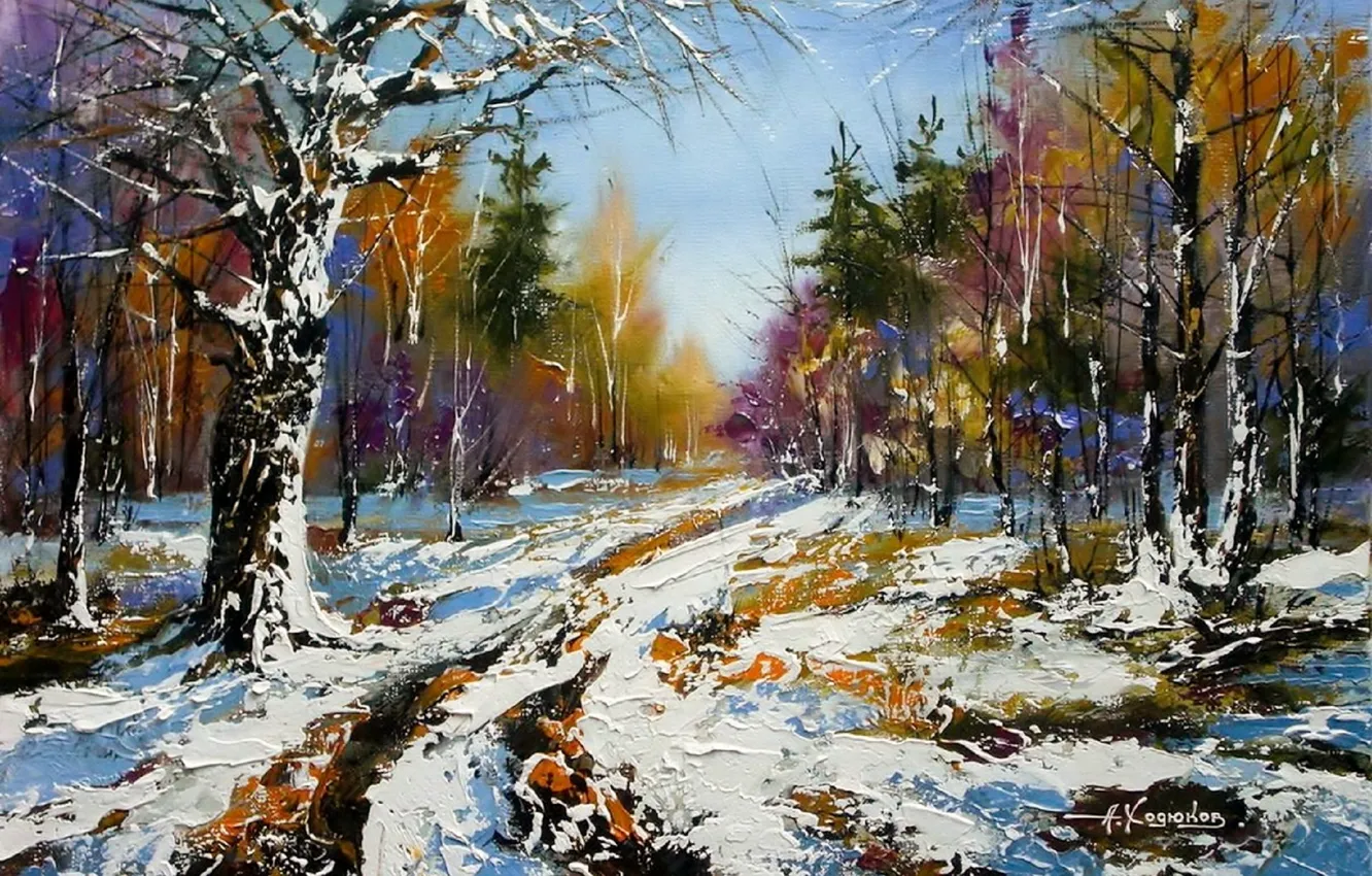 Photo wallpaper winter, road, autumn, forest, snow, landscape, picture, spring