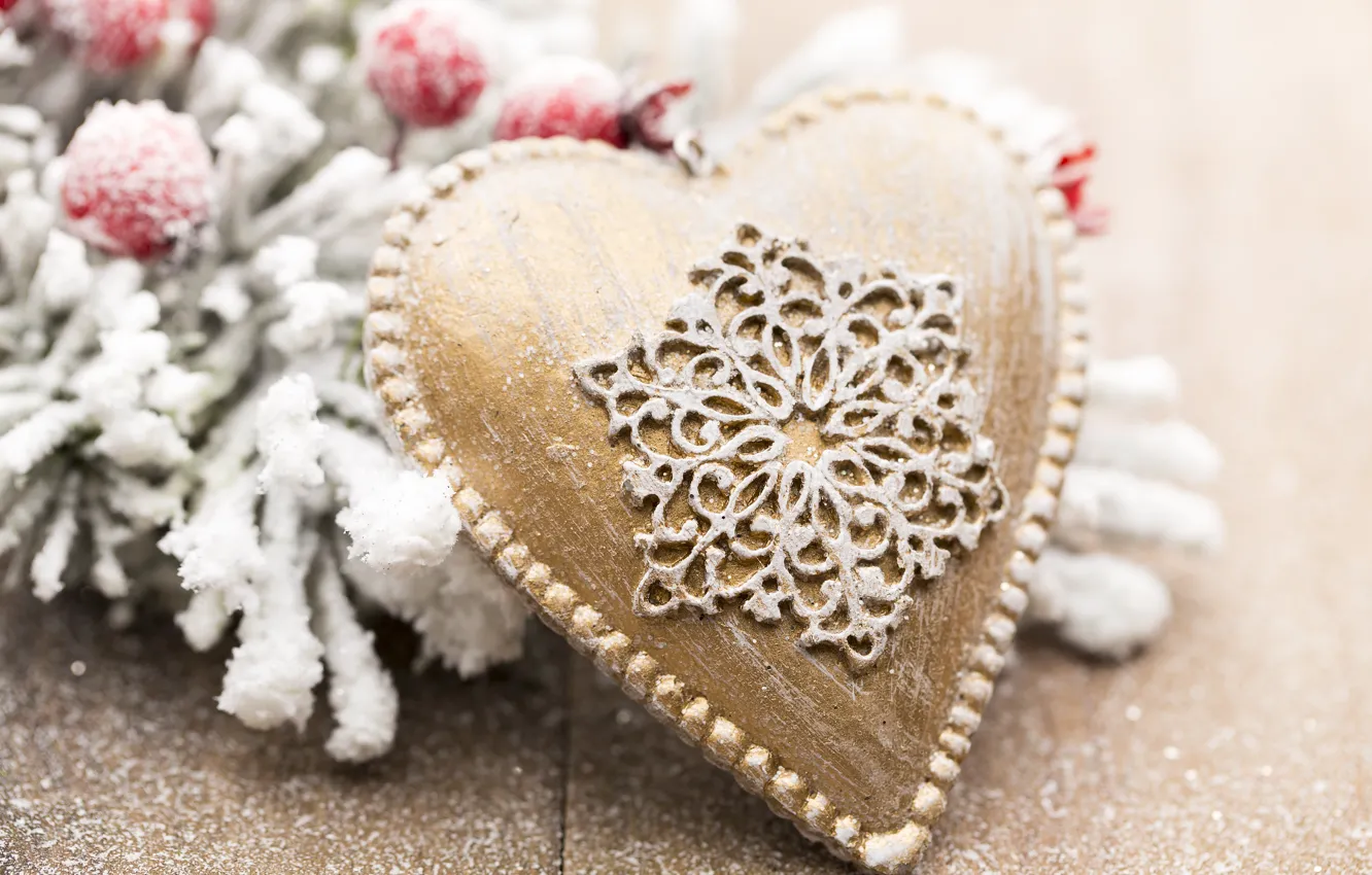 Photo wallpaper winter, snow, decoration, heart, new year, Christmas, golden, Christmas