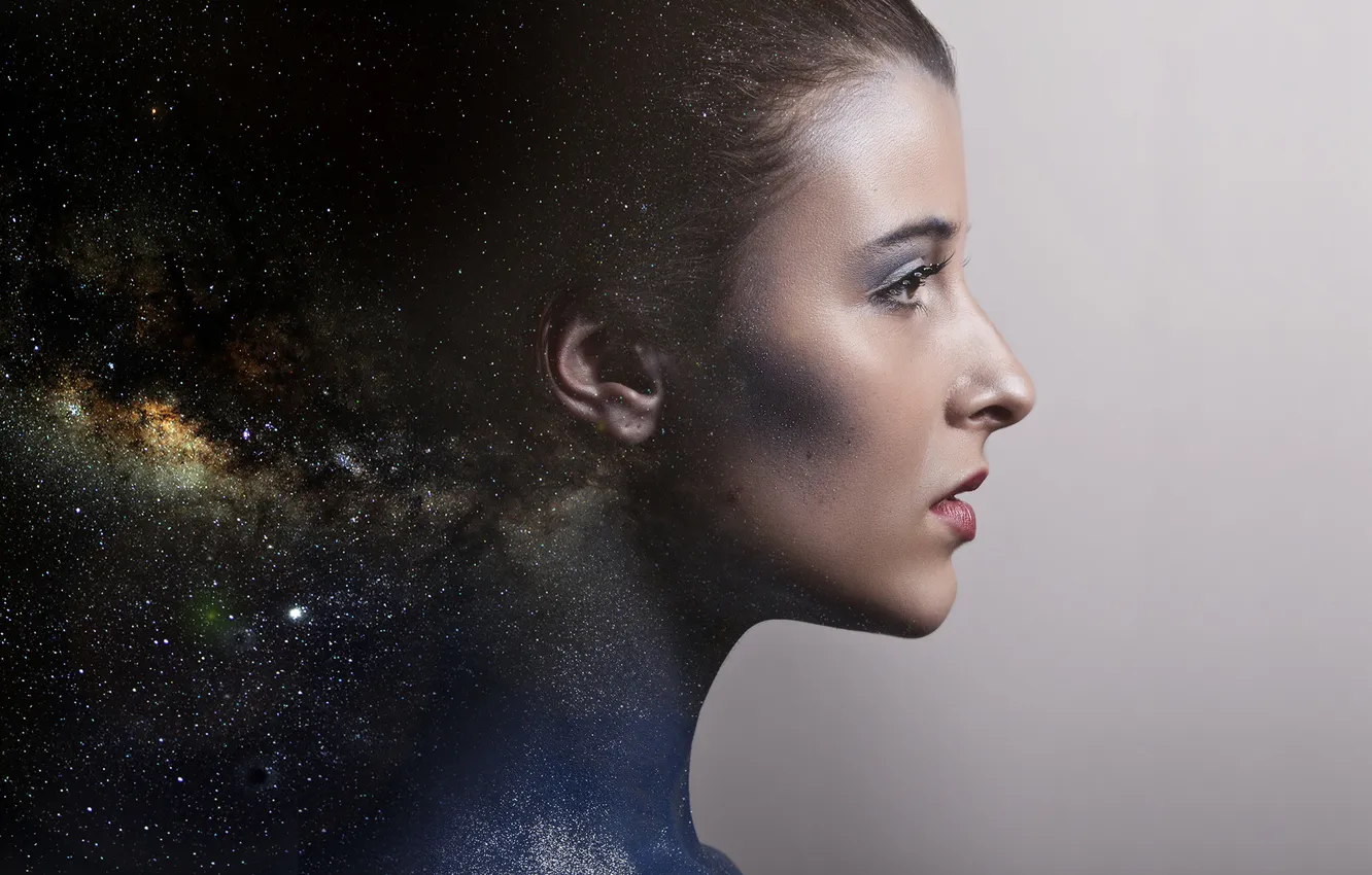 Photo wallpaper girl, space, face, background, profile