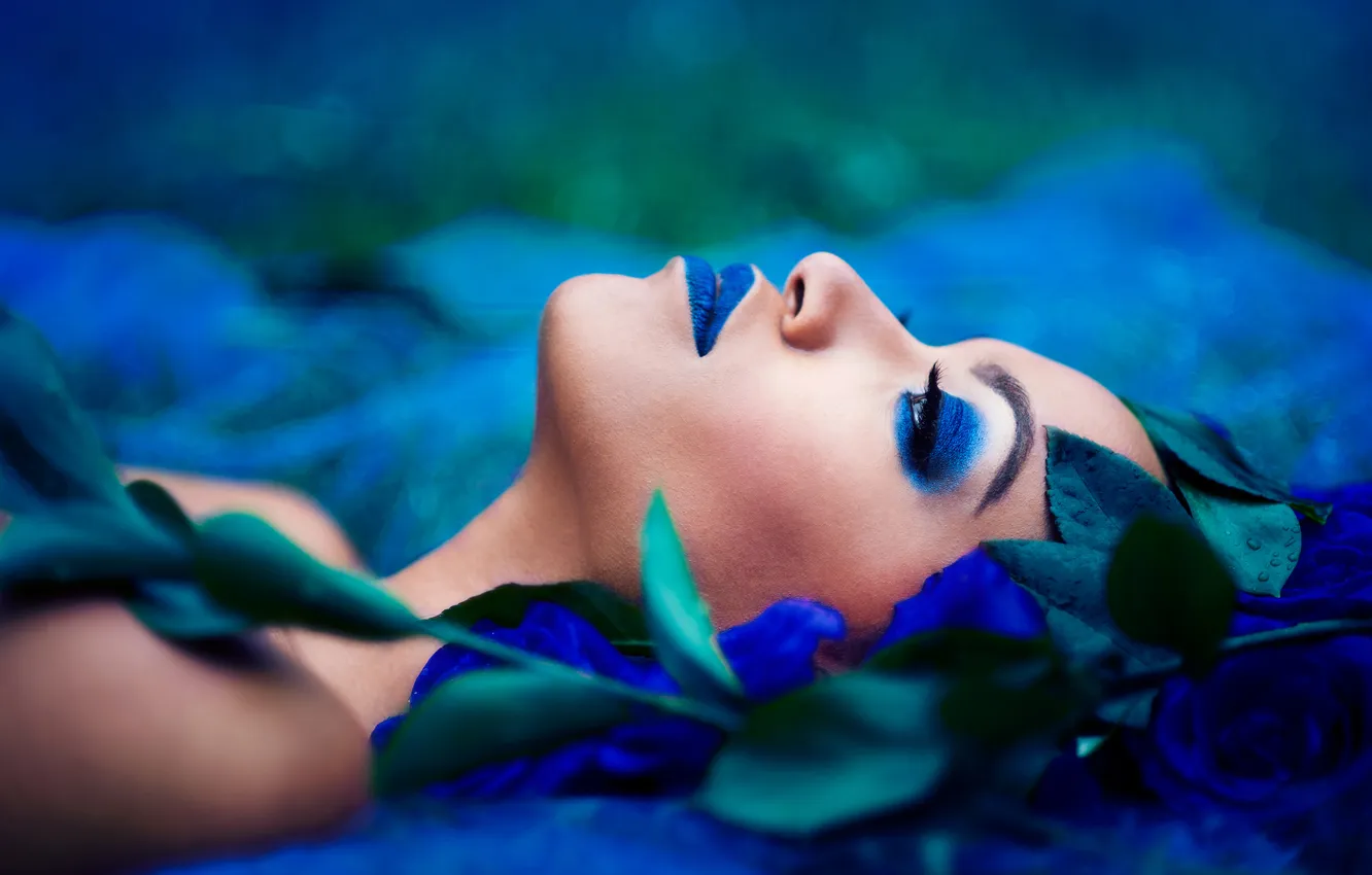 Photo wallpaper girl, blue, makeup, profile
