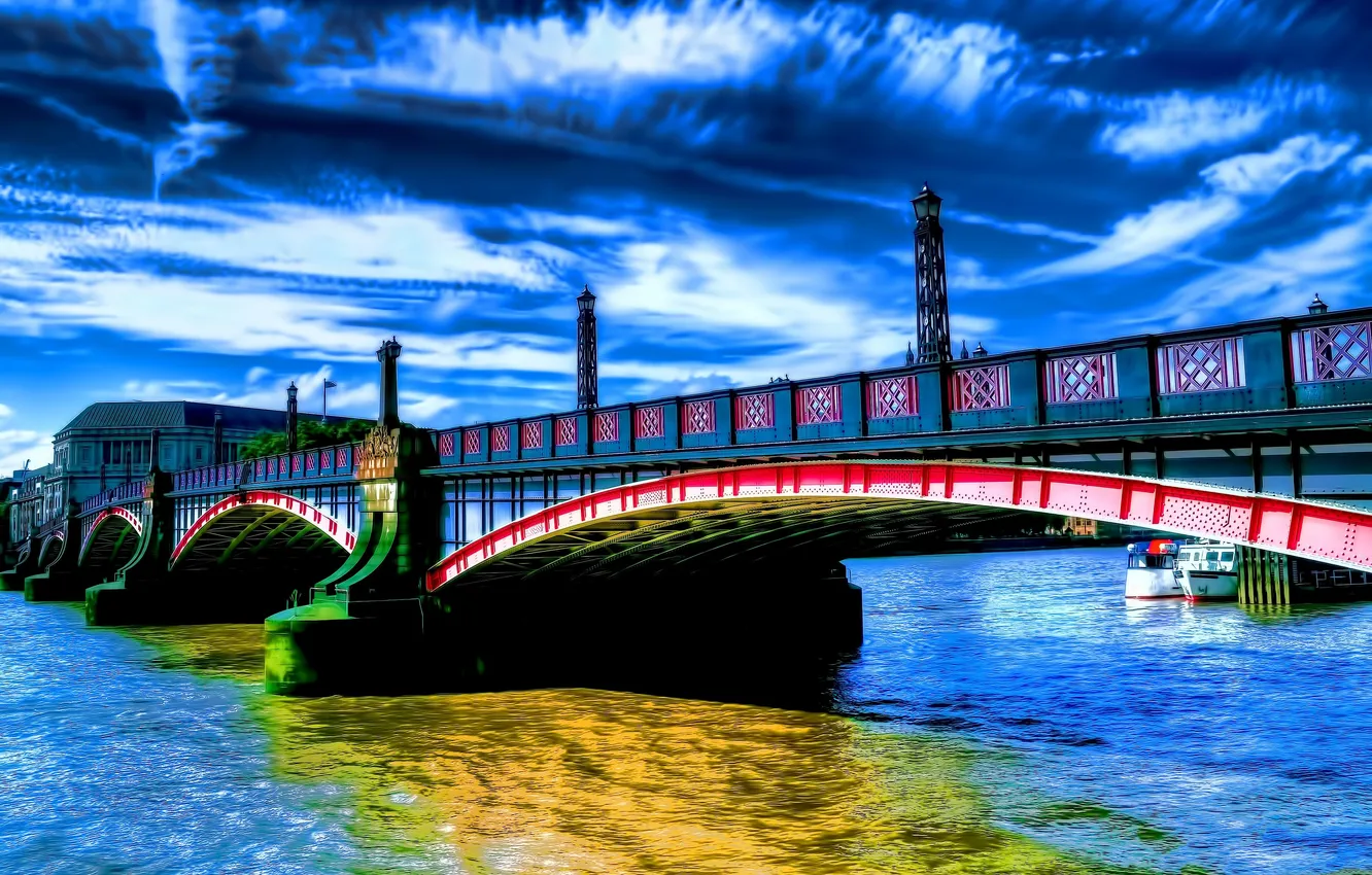 Photo wallpaper the sky, clouds, bridge, river, paint, lights