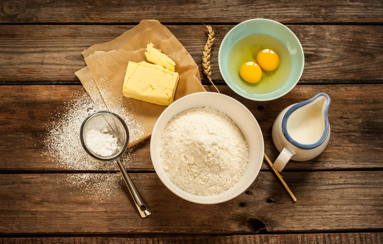 Photo wallpaper oil, eggs, milk, spikelets, flour, strainer, jug