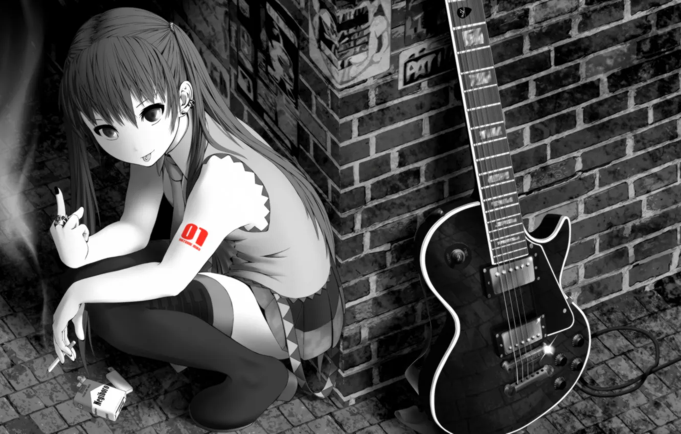 Photo wallpaper language, wall, the inscription, guitar, brick, FAK, anime, cigarette