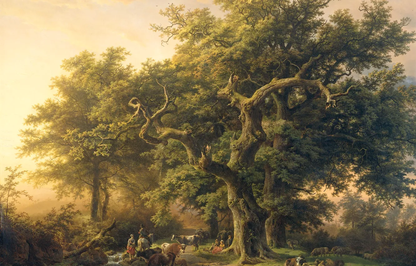 Photo wallpaper animals, landscape, oil, canvas, Barend Cornelis Koekkoek, The Edge Of The Forest