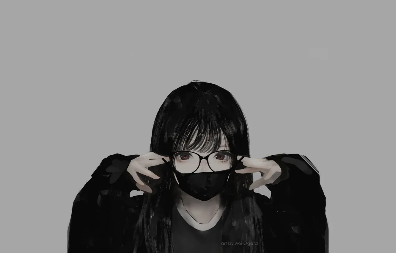 Photo wallpaper schoolgirl, grey background, in the mask, black clothes, by Aoi Ogata