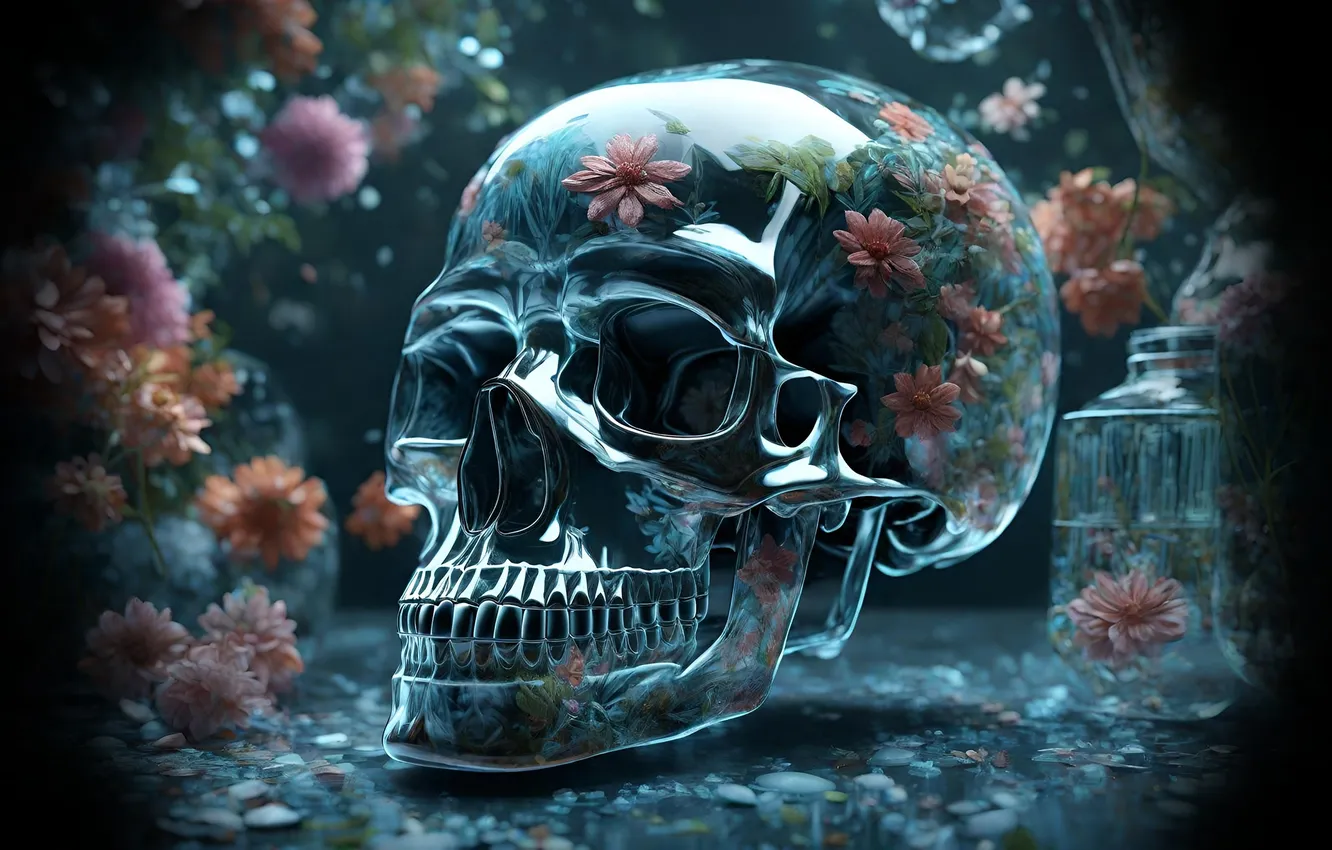 Photo wallpaper flowers, skull, The glass skull