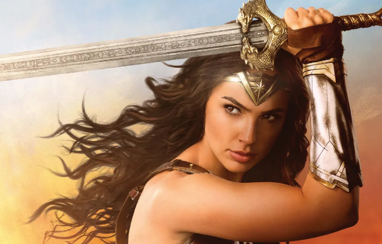 Photo wallpaper cinema, sword, Wonder Woman, armor, movie, ken, blade, brunette