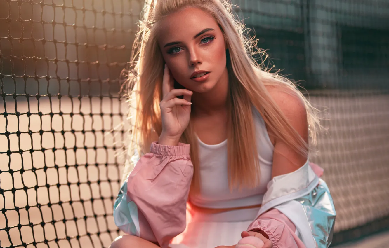 Photo wallpaper look, girl, pose, mesh, the ball, makeup, jacket, blonde