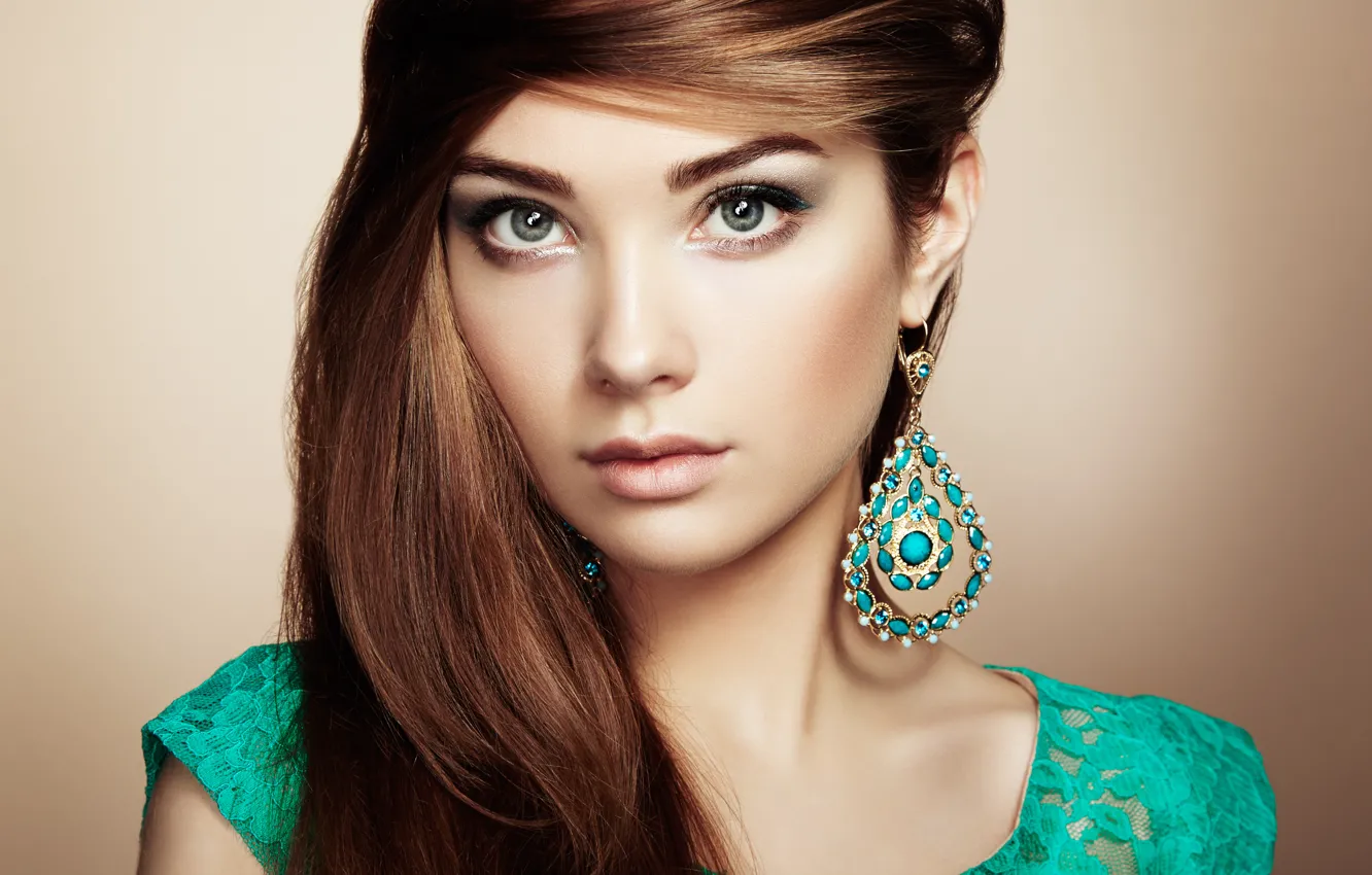 Photo wallpaper look, girl, model, earrings, makeup, hairstyle, bangs