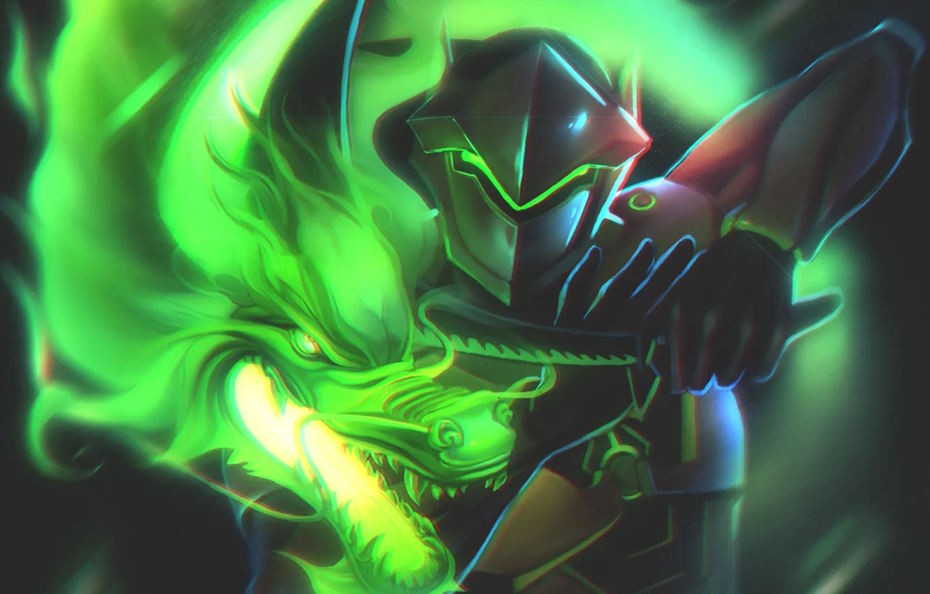 Photo wallpaper magic, dragon, fantasy, male, Overwatch, Genji Shimada, Dzikawa