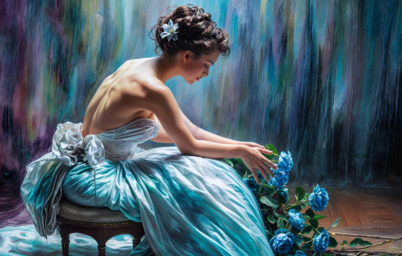 Photo wallpaper girl, flowers, blue, pose, blue, roses, bouquet, hairstyle