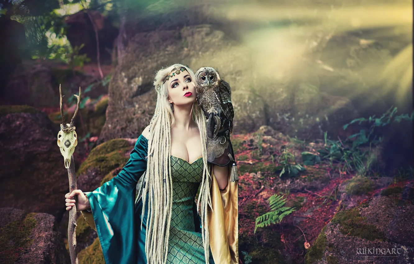 Photo wallpaper chest, girl, rays, light, nature, style, stones, owl