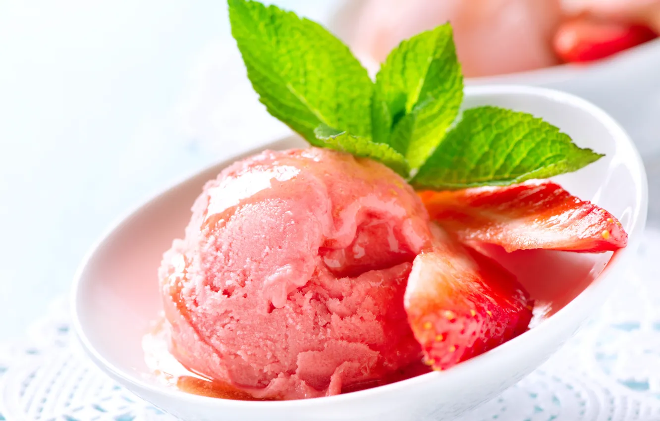 Photo wallpaper strawberry, ice cream, bowl, mint, syrup, cream, bowl, strawberry syrup