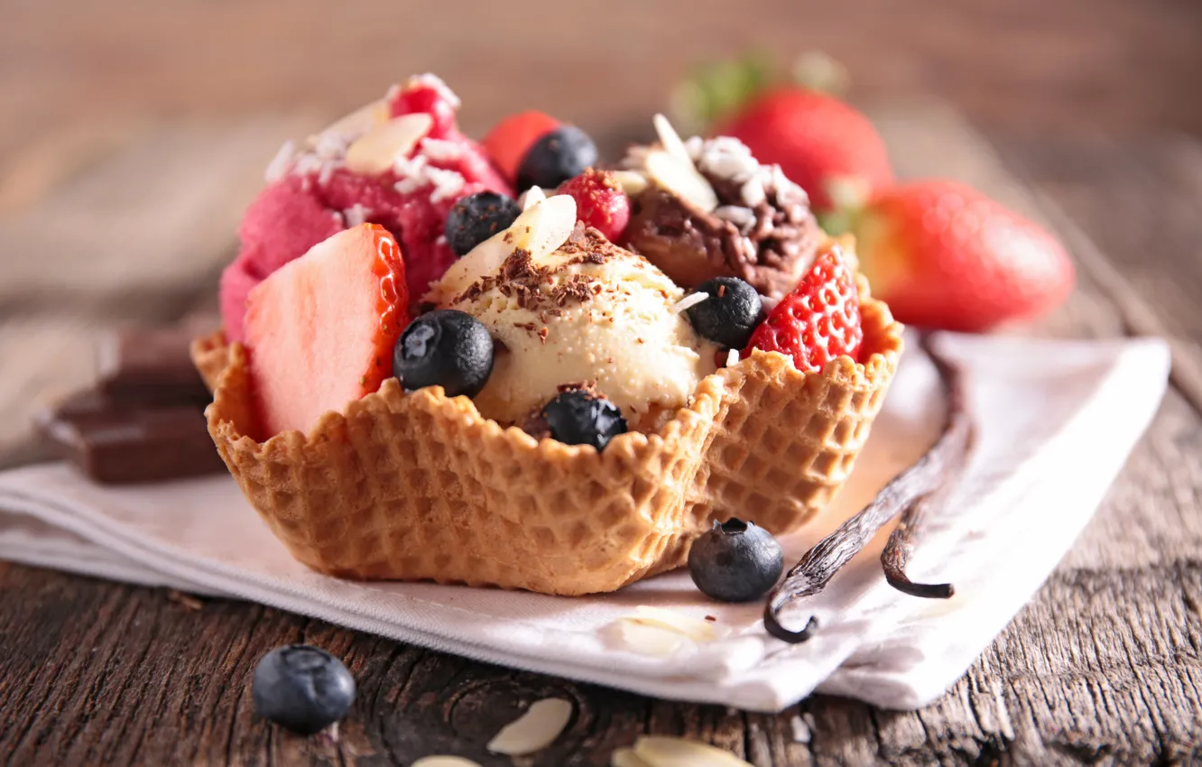 Photo wallpaper berries, ice cream, dessert, waffles, napkin
