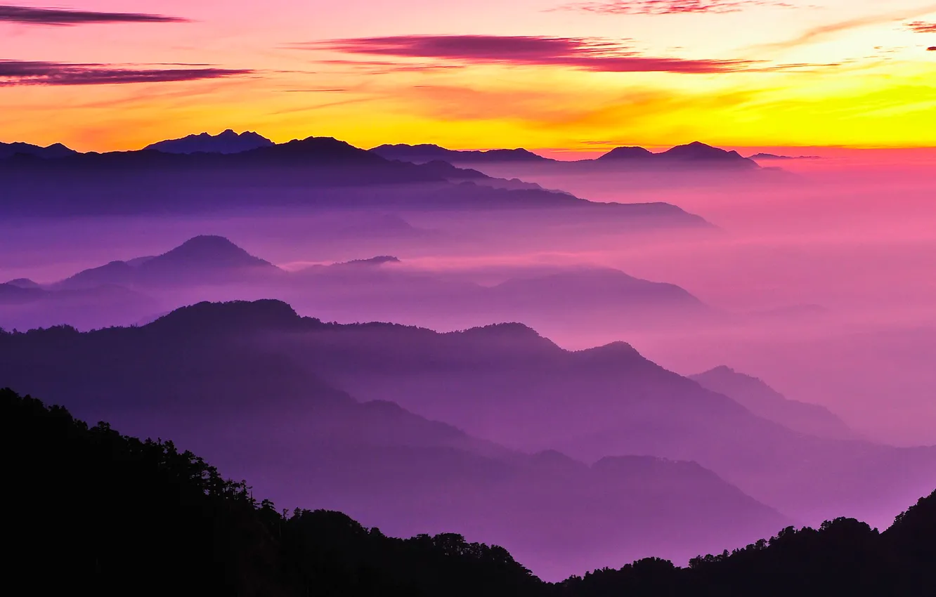 Photo wallpaper the sky, clouds, sunset, mountains, glow