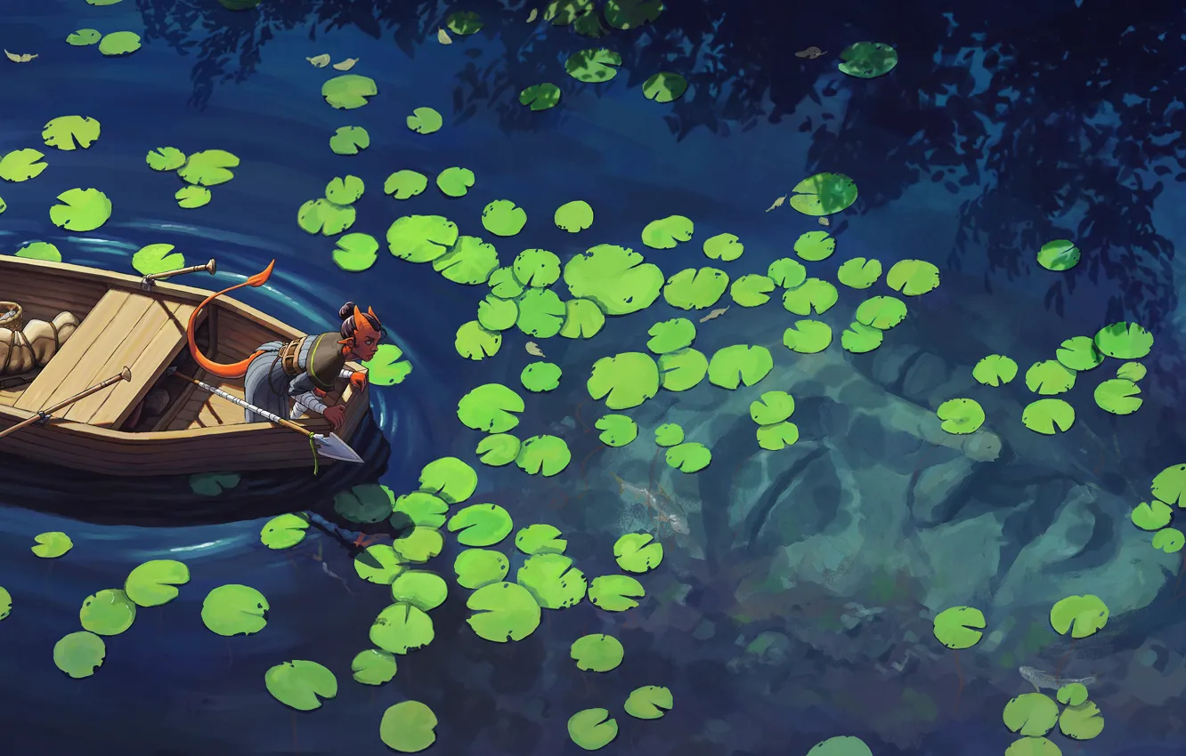 Photo wallpaper girl, face, lake, style, river, fiction, boat, fishing