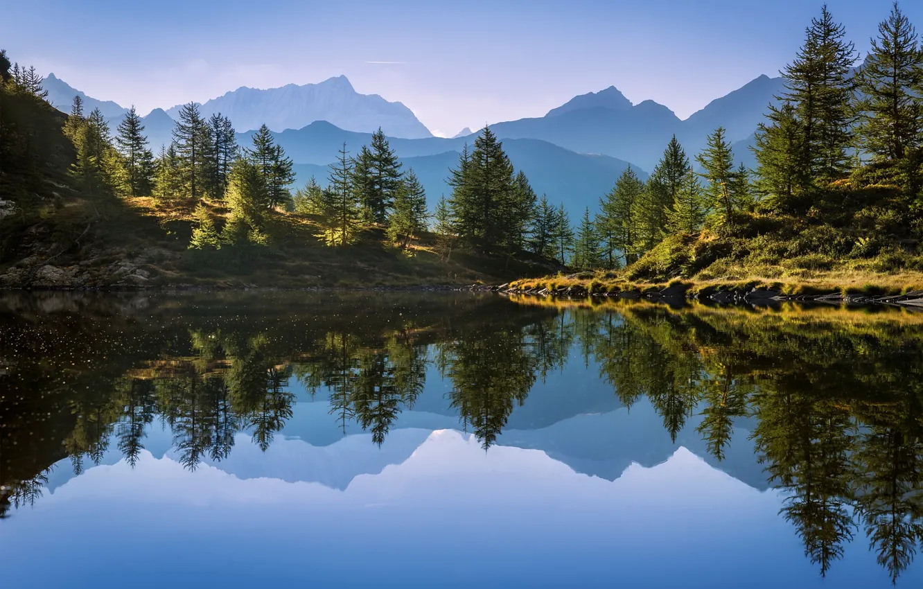 Photo wallpaper forest, reflection, mountains, nature, lake