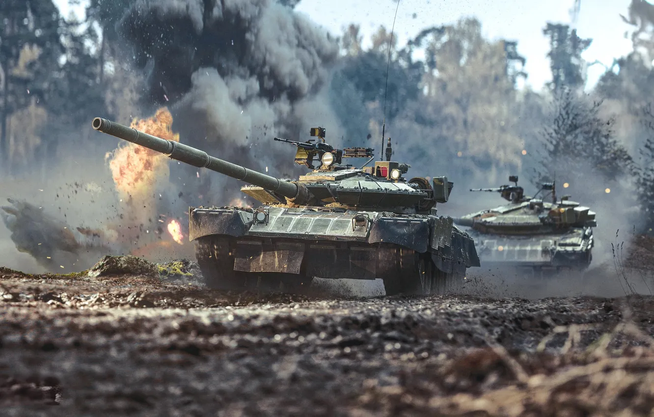 Photo wallpaper trees, the explosion, the game, tank, Russia, game, War Thunder, T-80БВМ