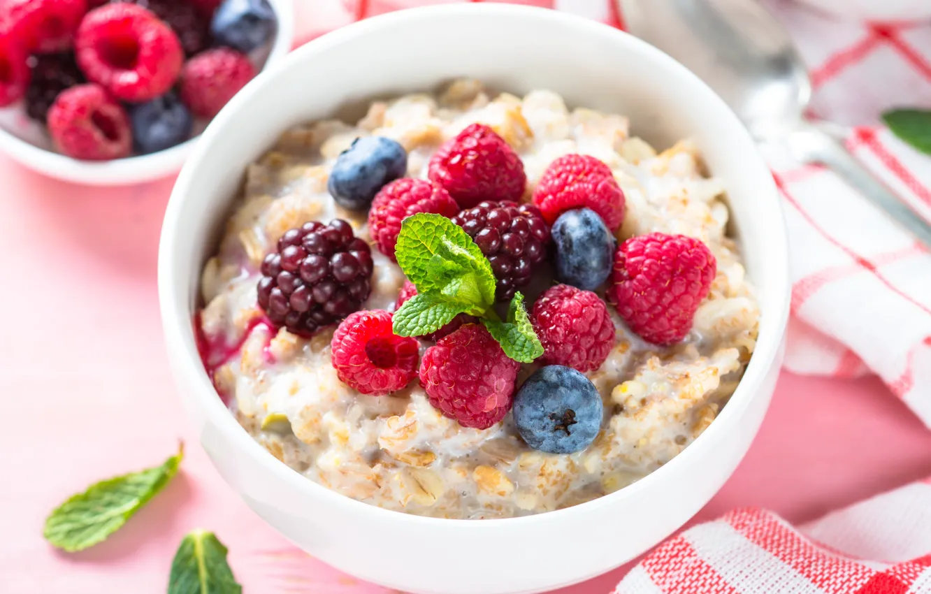 Photo wallpaper berries, raspberry, Breakfast, milk, blueberries, oatmeal