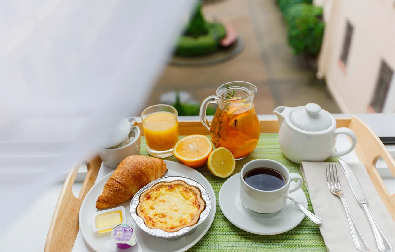 Photo wallpaper coffee, orange, Breakfast, juice, balcony, omelette