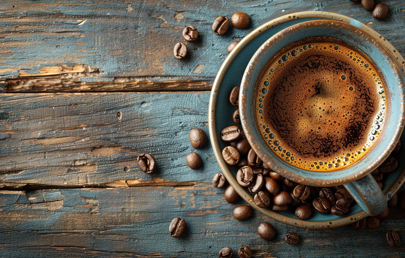 Photo wallpaper grain, wood, cup, beans, coffee, cozy, a Cup of coffee