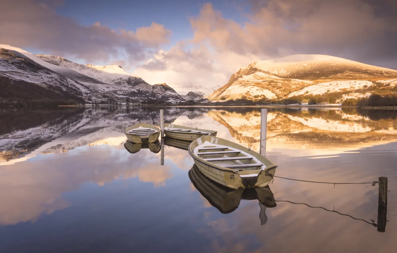 Photo wallpaper winter, the sky, clouds, light, snow, mountains, lake, reflection
