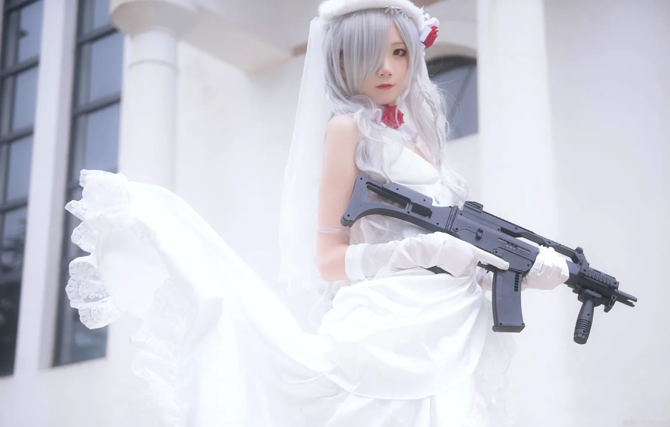 Photo wallpaper gun, woman, beautiful, model, pretty, cosplay, asian, bride