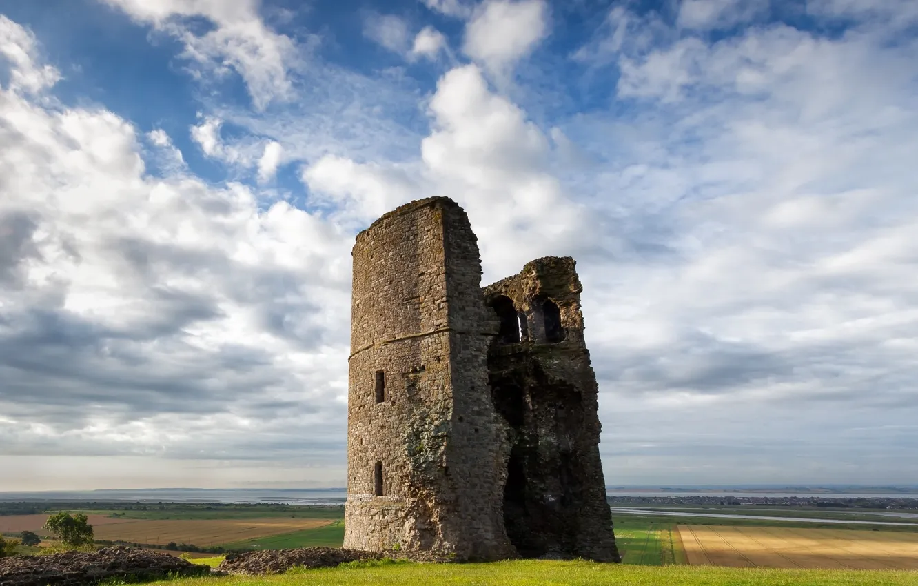 Photo wallpaper field, clouds, river, stones, tower, horizon, ruins