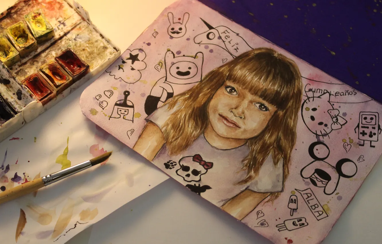 Photo wallpaper paper, paint, drawings, girl, brush