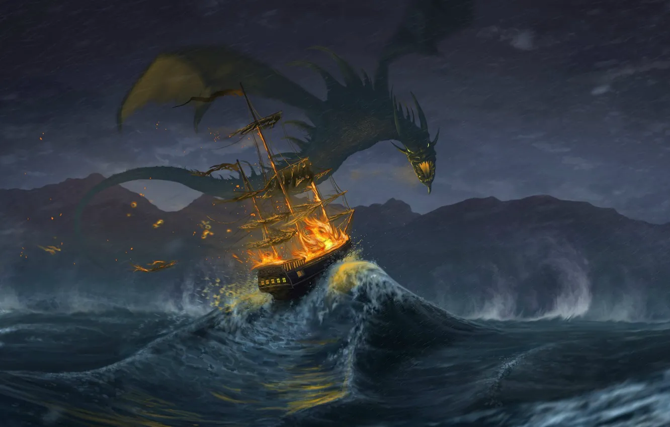 Photo wallpaper waves, fire, fantasy, storm, Dragon, rain, horns, sea