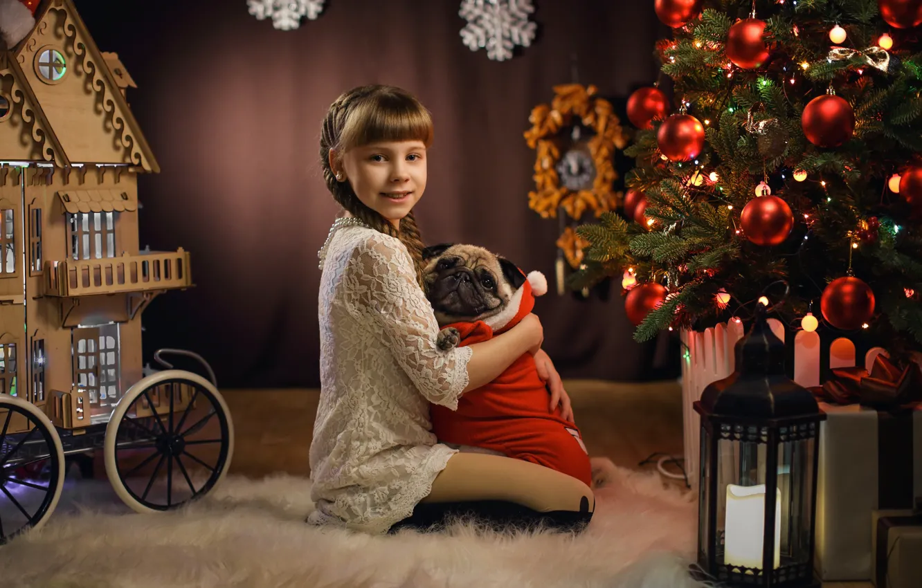 Photo wallpaper each, mood, tree, new year, dog, Christmas, lights, girl