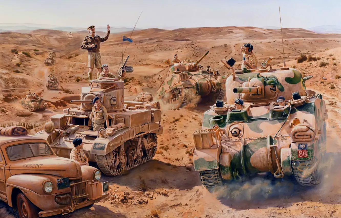 Photo wallpaper war, figure, soldiers, the British, tanks, m3 stuart, tankers, M4 Sherman