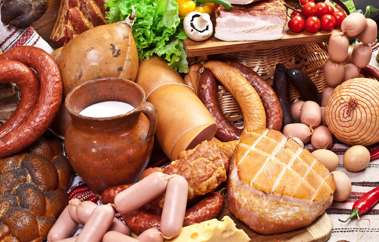 Photo wallpaper sausage, eggs, cheese, milk, meat, pepper, pitcher, vegetables