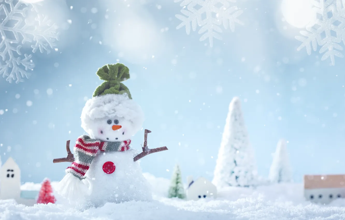 Photo wallpaper winter, white, snow, snowflakes, branches, holiday, toy, scarf