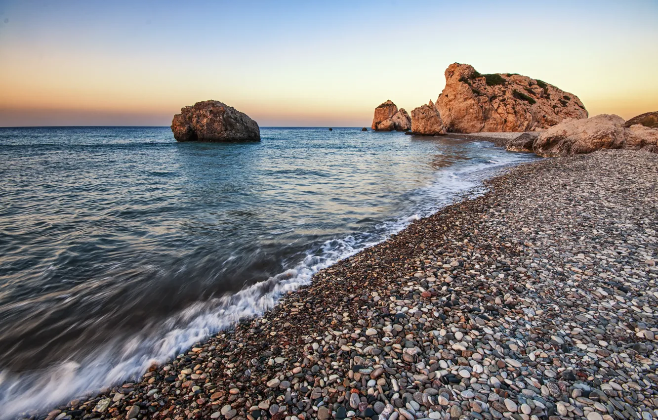 Photo wallpaper sea, beach, landscape, sunset, pebbles, rocks
